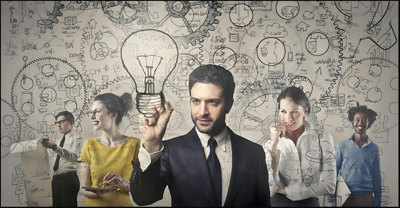 Professional holding a glowing lightbulb surrounded by idea sketches